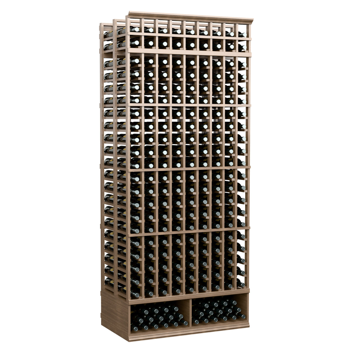 9-column double-deep wine bottle rack, light brown wood frame with bottle grid storage