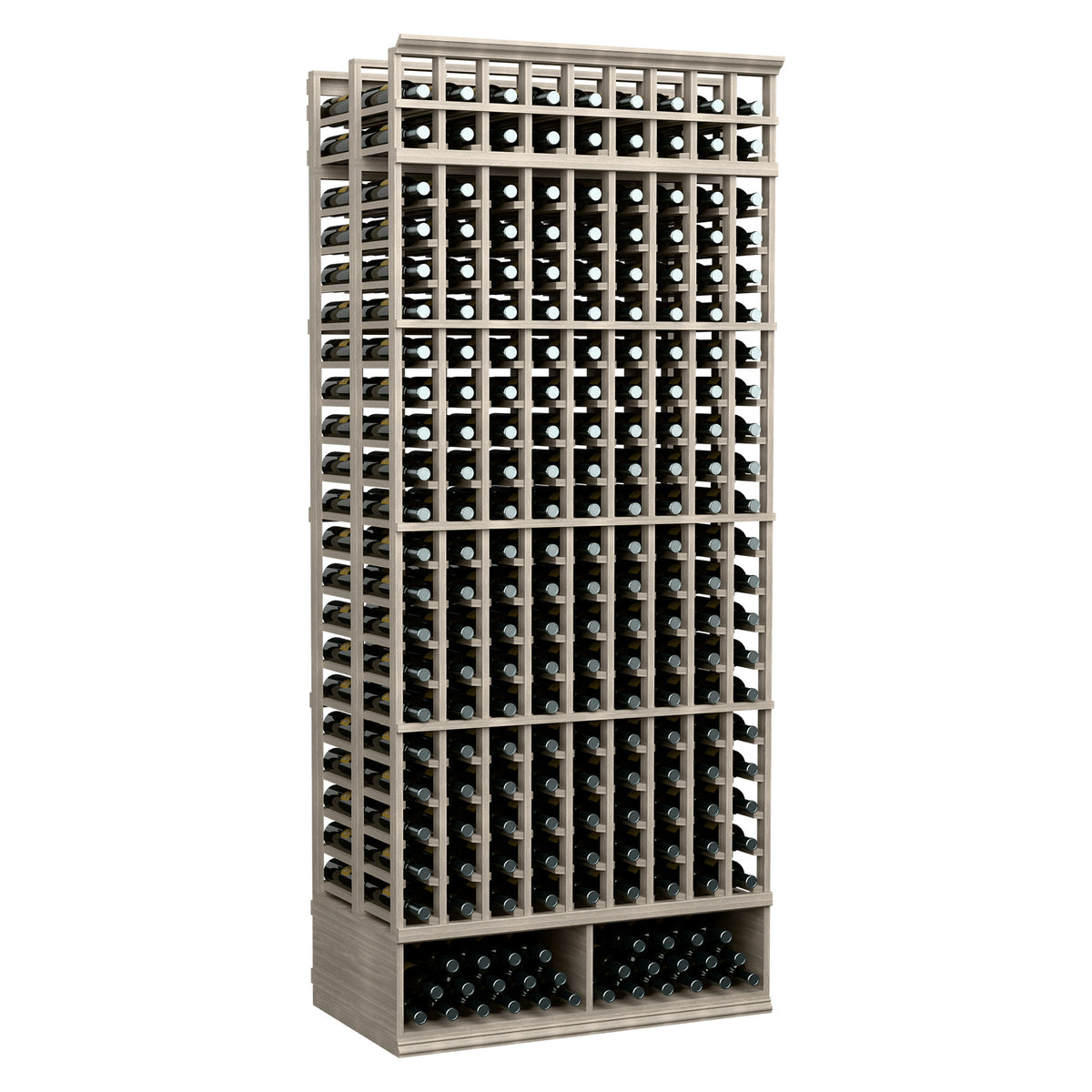 9-column double-deep wine bottle rack, 8 ft, light gray wood with black bottle holders