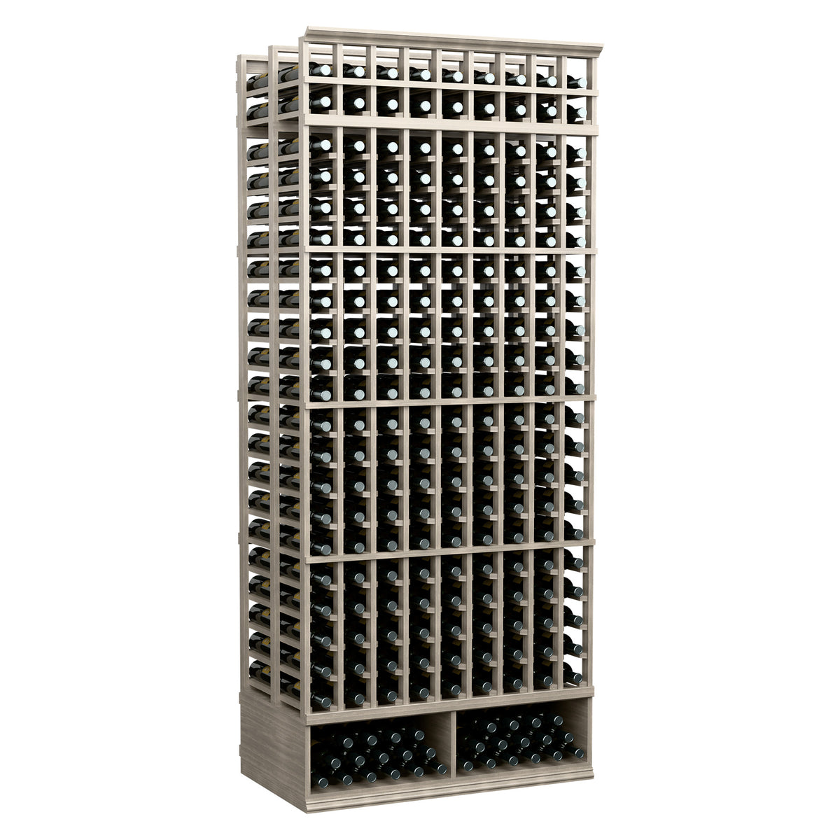 9-column double-deep wine bottle rack, 8 ft, light gray wood with rows of wine bottle slots