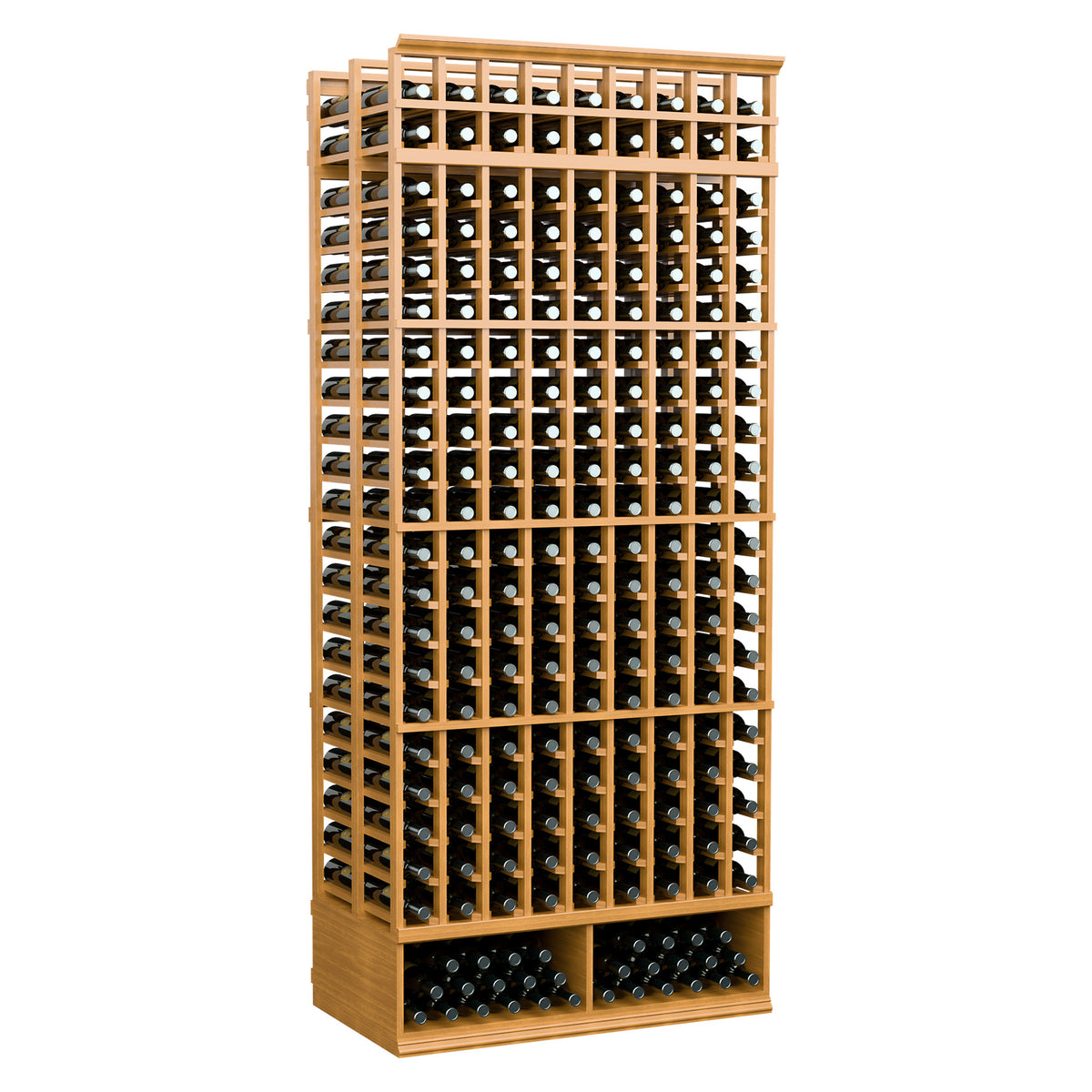 9-column double-deep wine bottle rack, 8 ft, natural wood frame with front bottle rack base