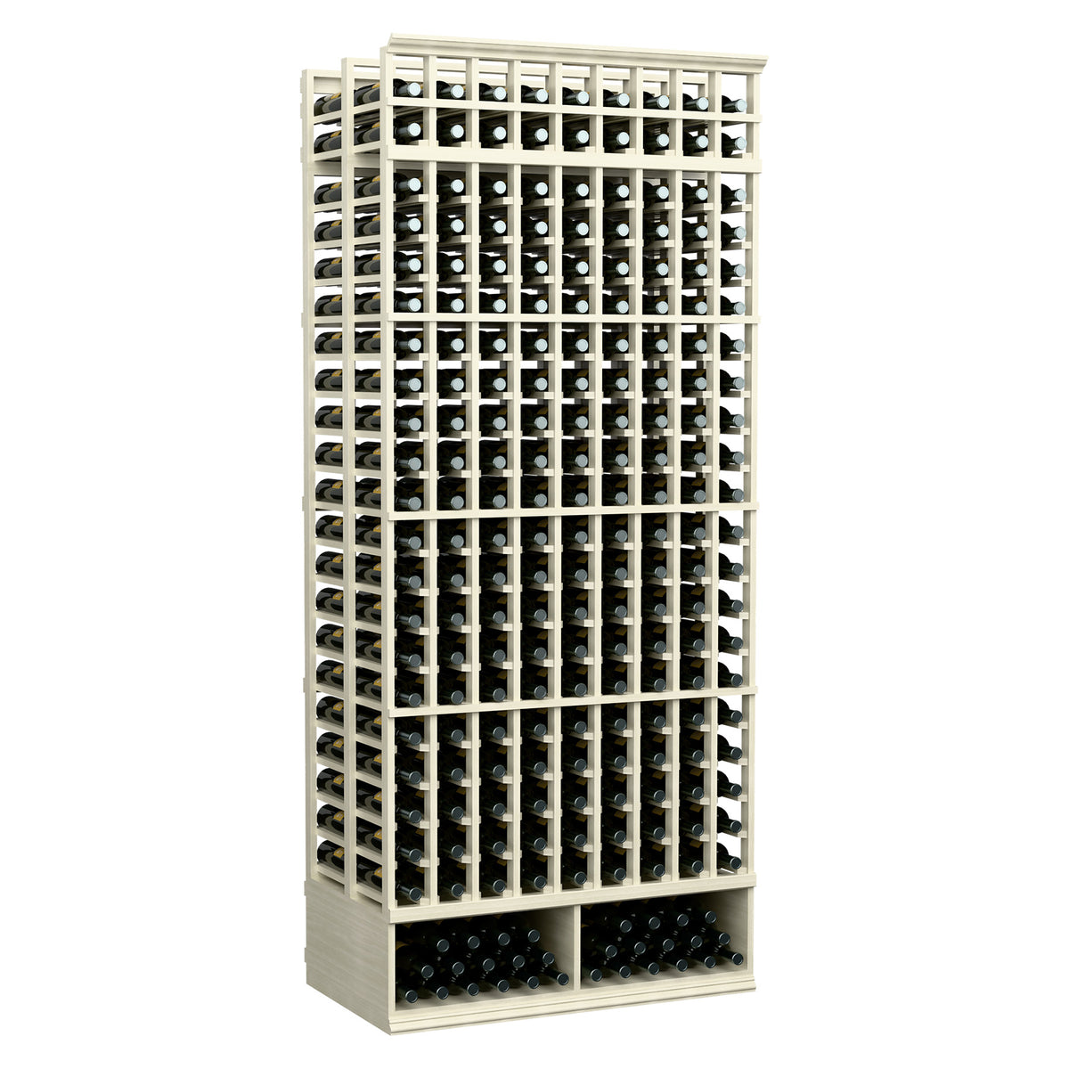 9-column double-deep wine bottle rack, 8 ft, off-white wood with front-access bottle rows