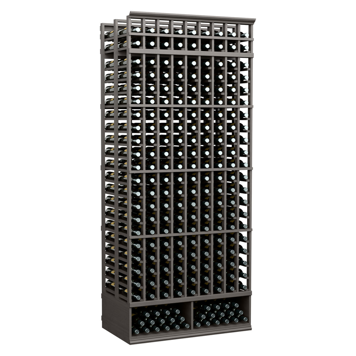 8 ft wine bottle storage rack, 9 columns, double-deep, dark finish, front grid view