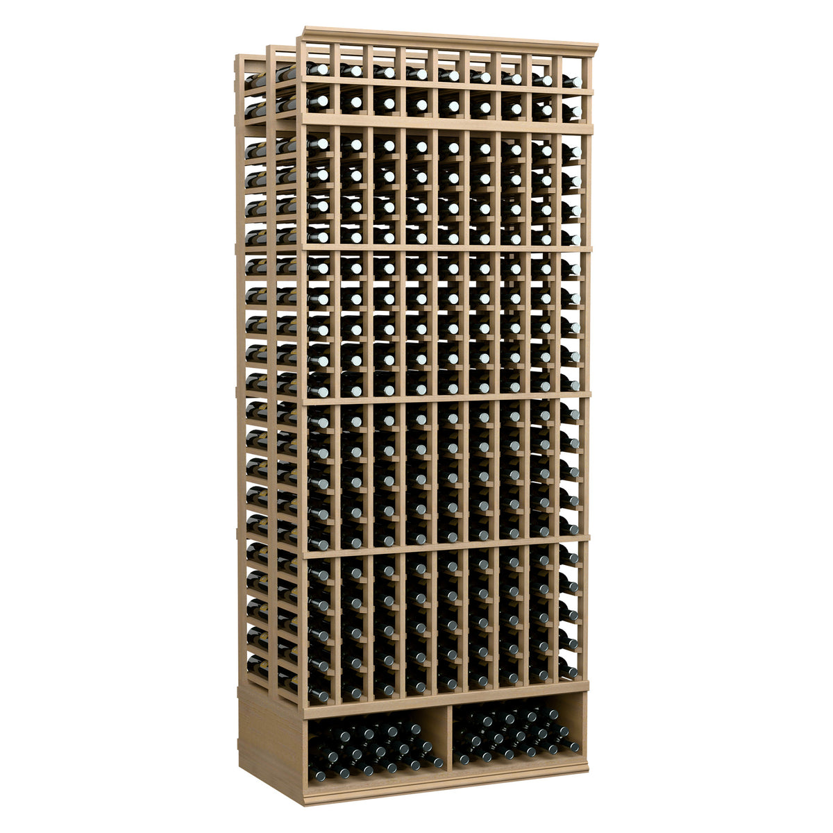 8 ft wine bottle storage rack, 9 columns, double-deep, light wood finish, front grid