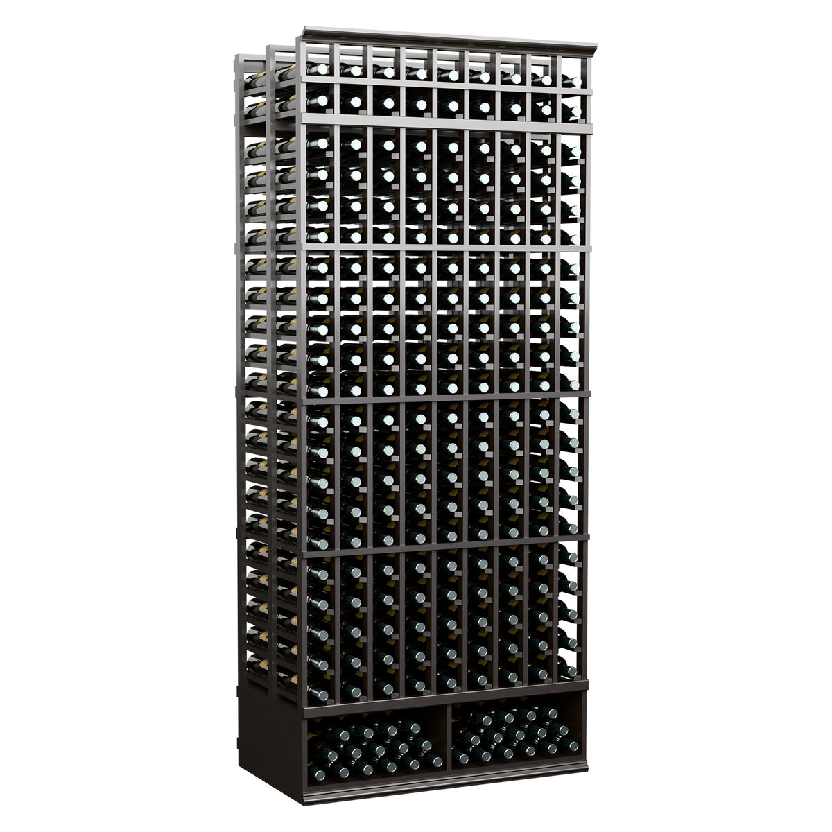 8 ft wine bottle storage rack, 9 columns, double-deep, dark finish, front grid view