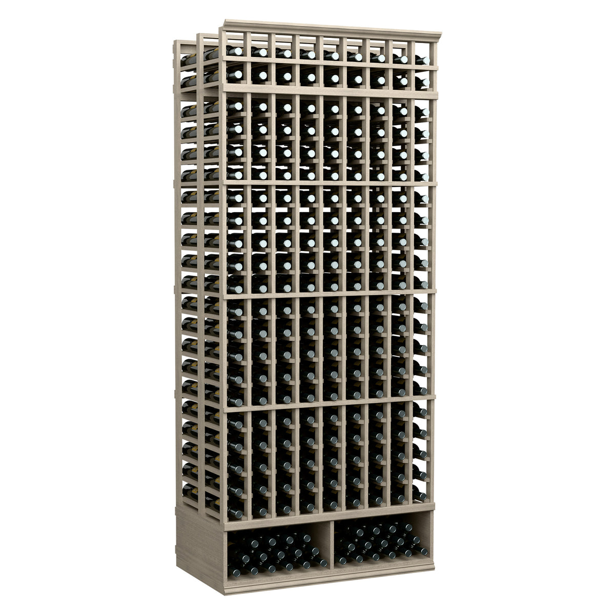 Wine bottle storage rack, 9-column double-deep style, light grey wood frame with bottle slots