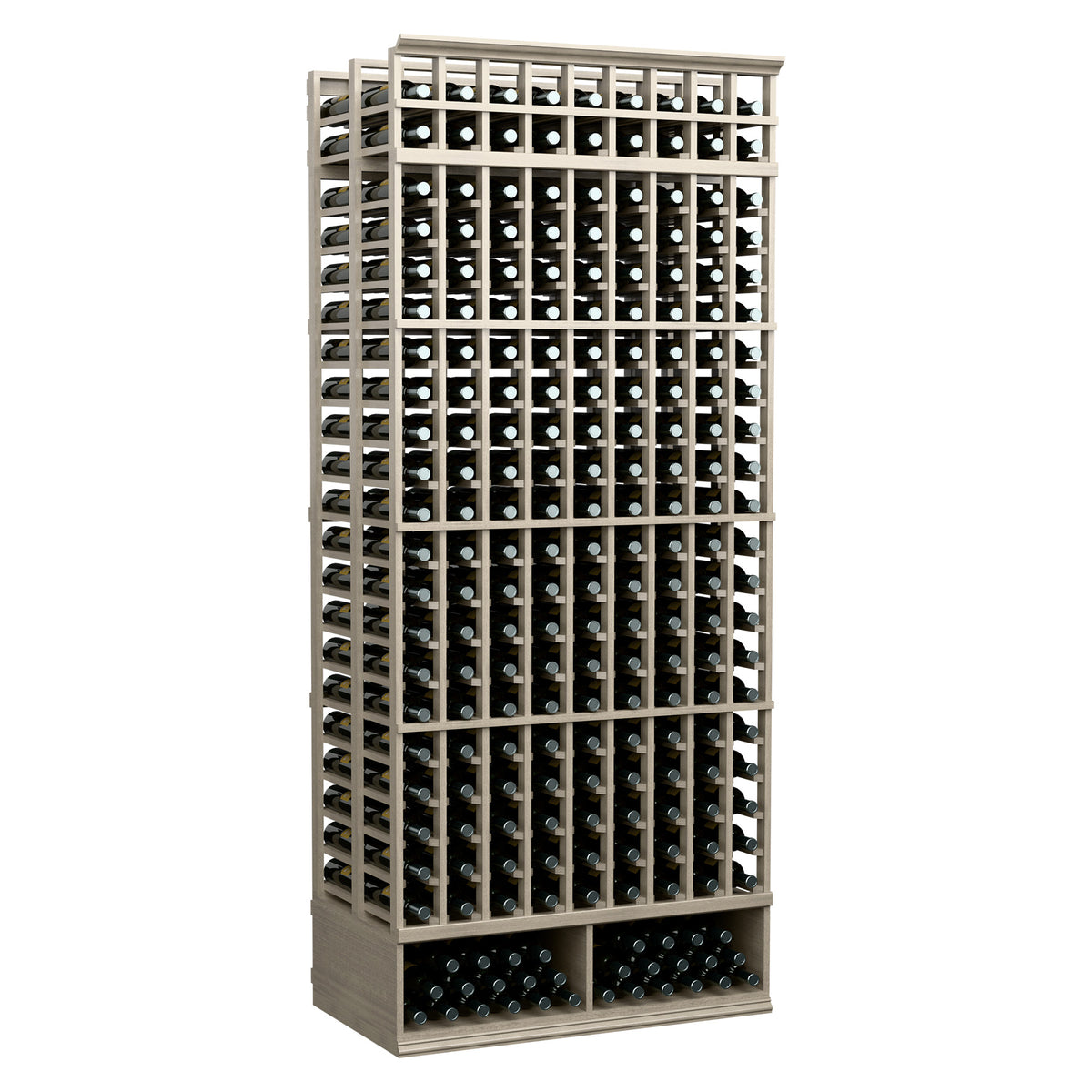 Wine bottle storage rack, 9-column double-deep design, light grey wood frame with bottle rows