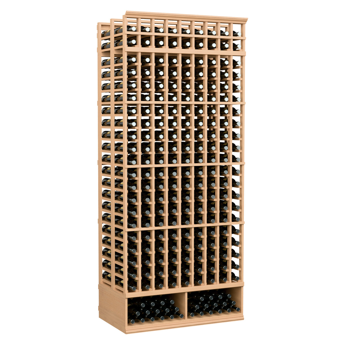 Wine bottle storage rack, 9-column double-deep style, warm natural wood frame with bottle slots