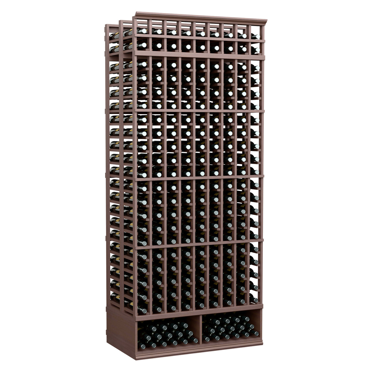 Wine bottle storage rack, 9-column double-deep style, dark brown wood frame with bottle slots