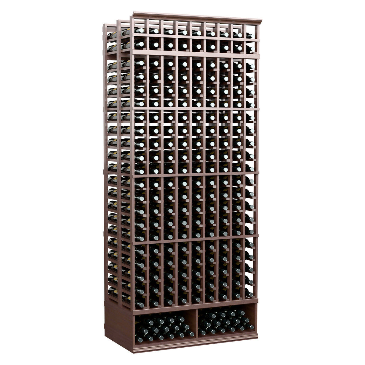 Wine bottle storage rack, 9-column double-deep design, dark brown wood frame with bottle rows