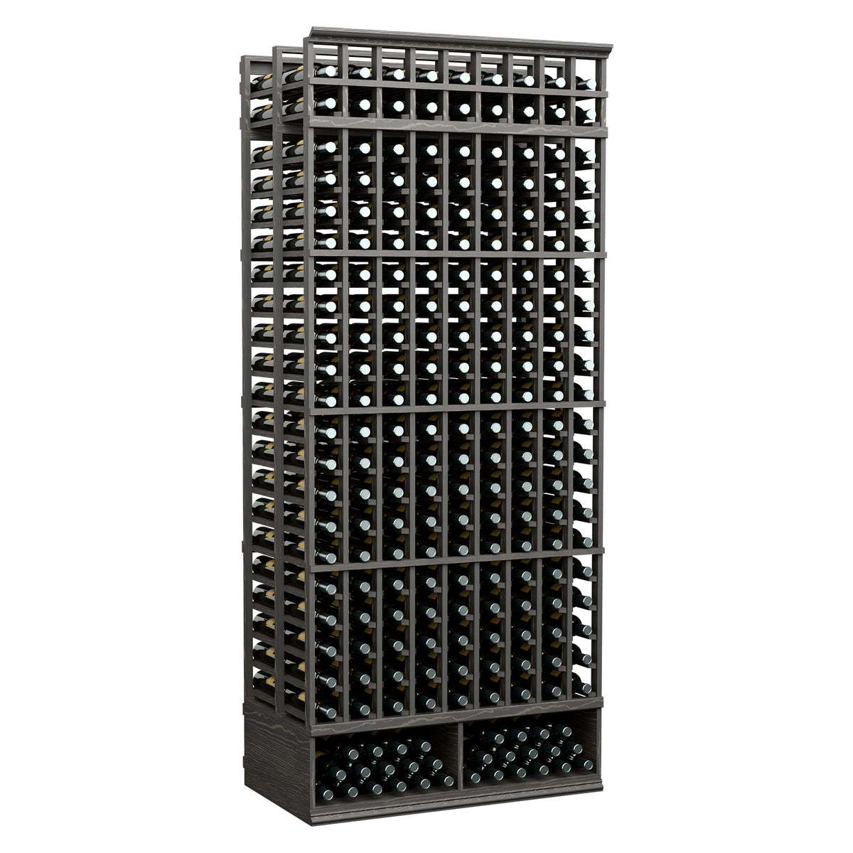 9-column double-deep wine bottle rack, dark finish with front bottle slots