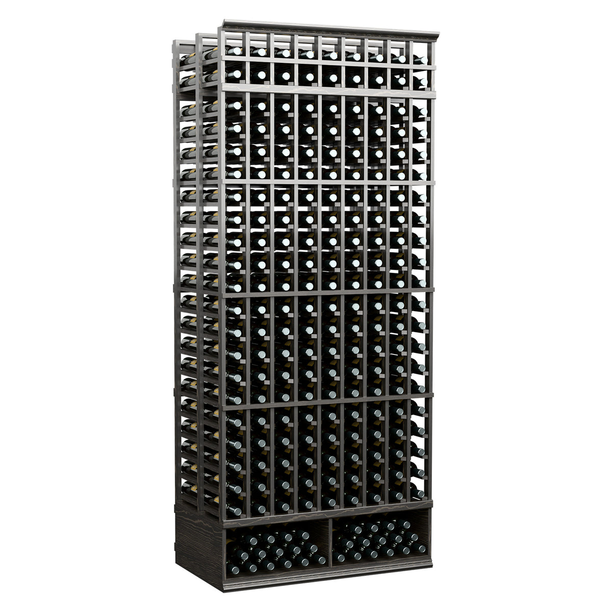 9-column double-deep wine bottle rack, dark finish with front bottle slots
