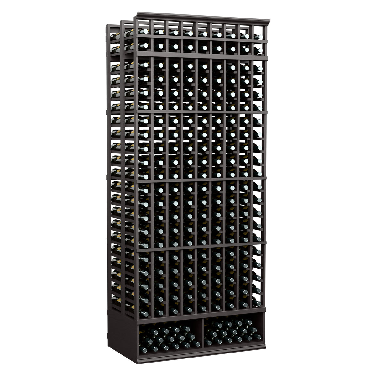 9-column double-deep wine bottle rack, dark finish with front bottle slots