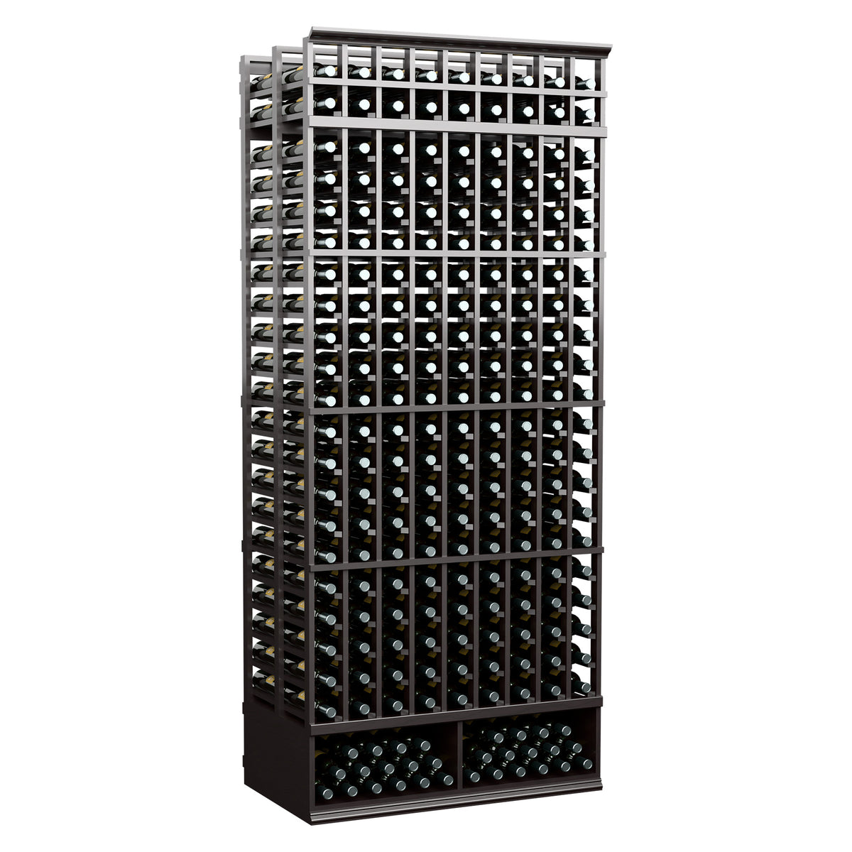 9-column double-deep wine bottle rack, dark finish with front bottle slots