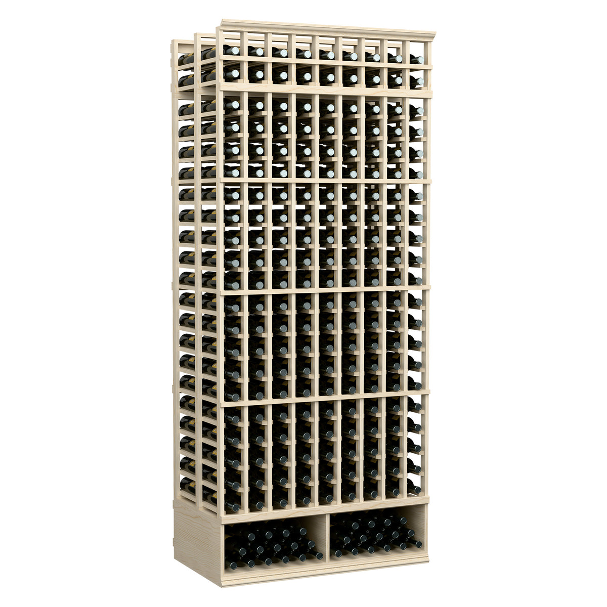 White-washed wine bottle rack, double-deep 9-column, 8-ft standing bottle grid