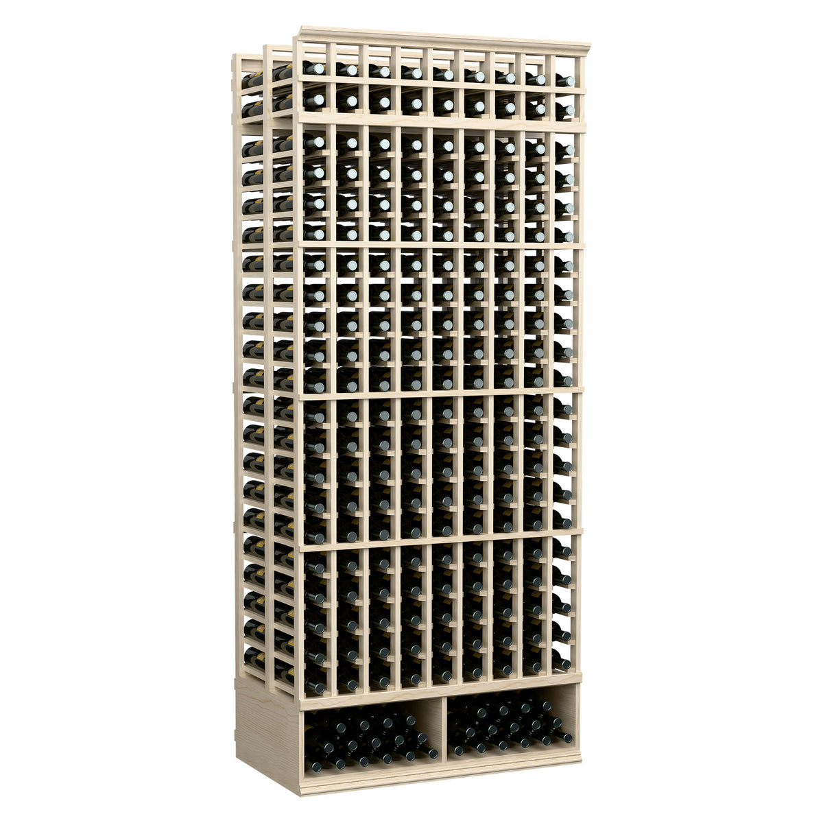 White wine bottle rack, double-deep 9-column, 8-ft side lattice with bottle holders