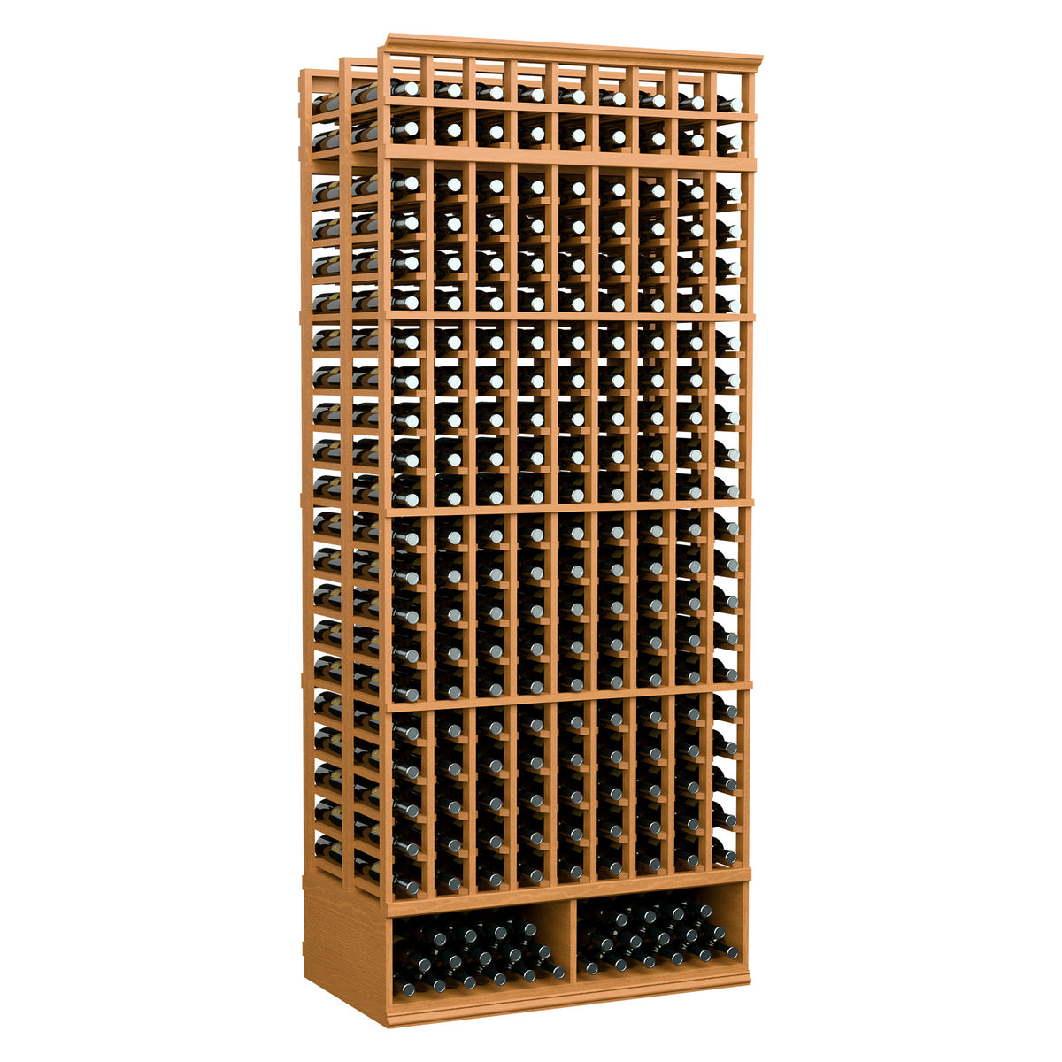 Natural wood wine bottle rack, 9-column double-deep, 8-ft bottle holder lattice