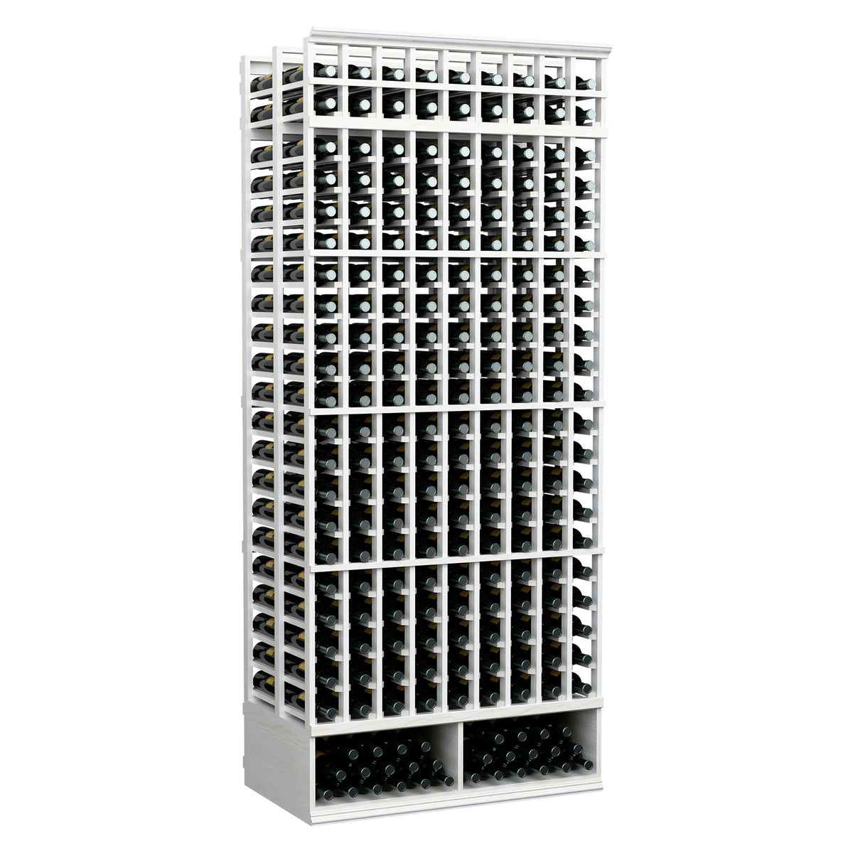 White wine bottle rack, 9-column double-deep, 8-ft side view with bottle holders