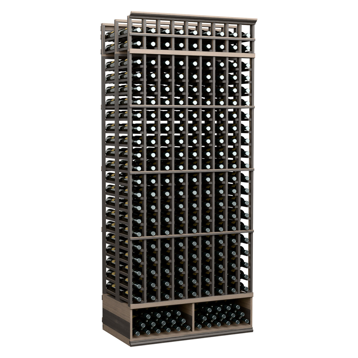 9-column double-deep wine bottle rack, dark stained wood frame with bottle grid slots