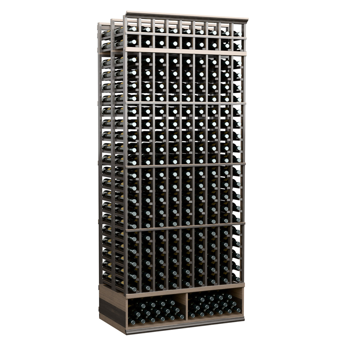 Dark stained wine bottle rack with double-deep grid rows and many bottle slots
