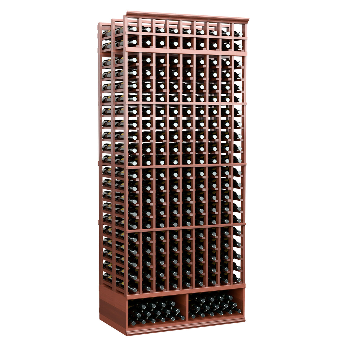Red-brown wine bottle rack with 9-column double-deep bottle slots and grid frame