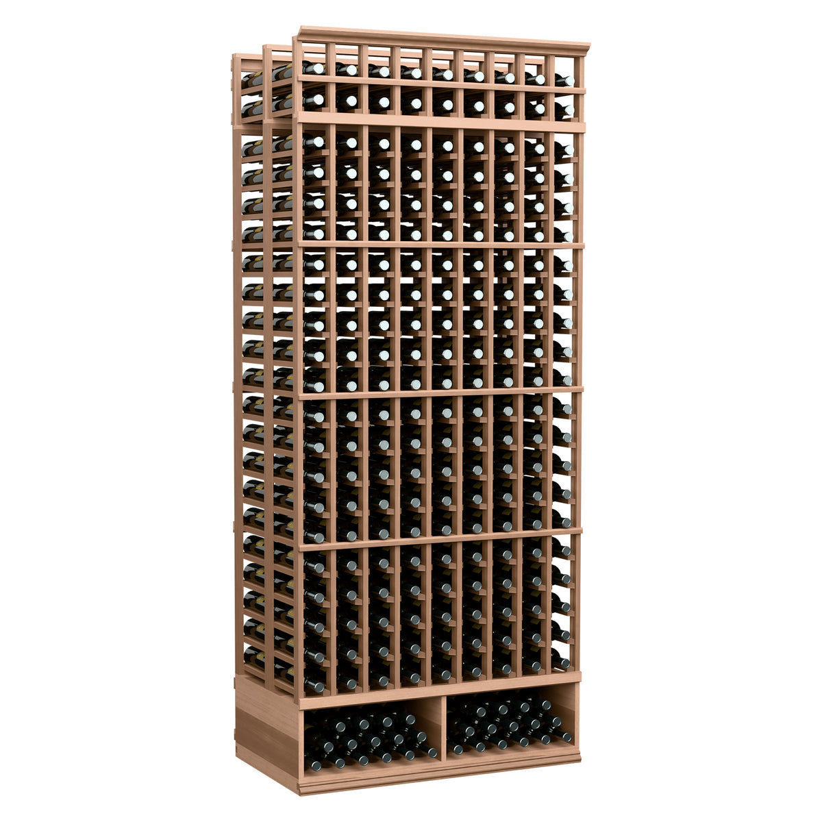 Wine bottle rack with natural stained wood frame and double-deep grid bottle slots