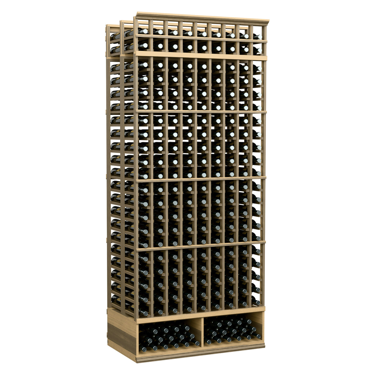 Pale wood wine bottle rack with double-deep bottle grid slots and side supports