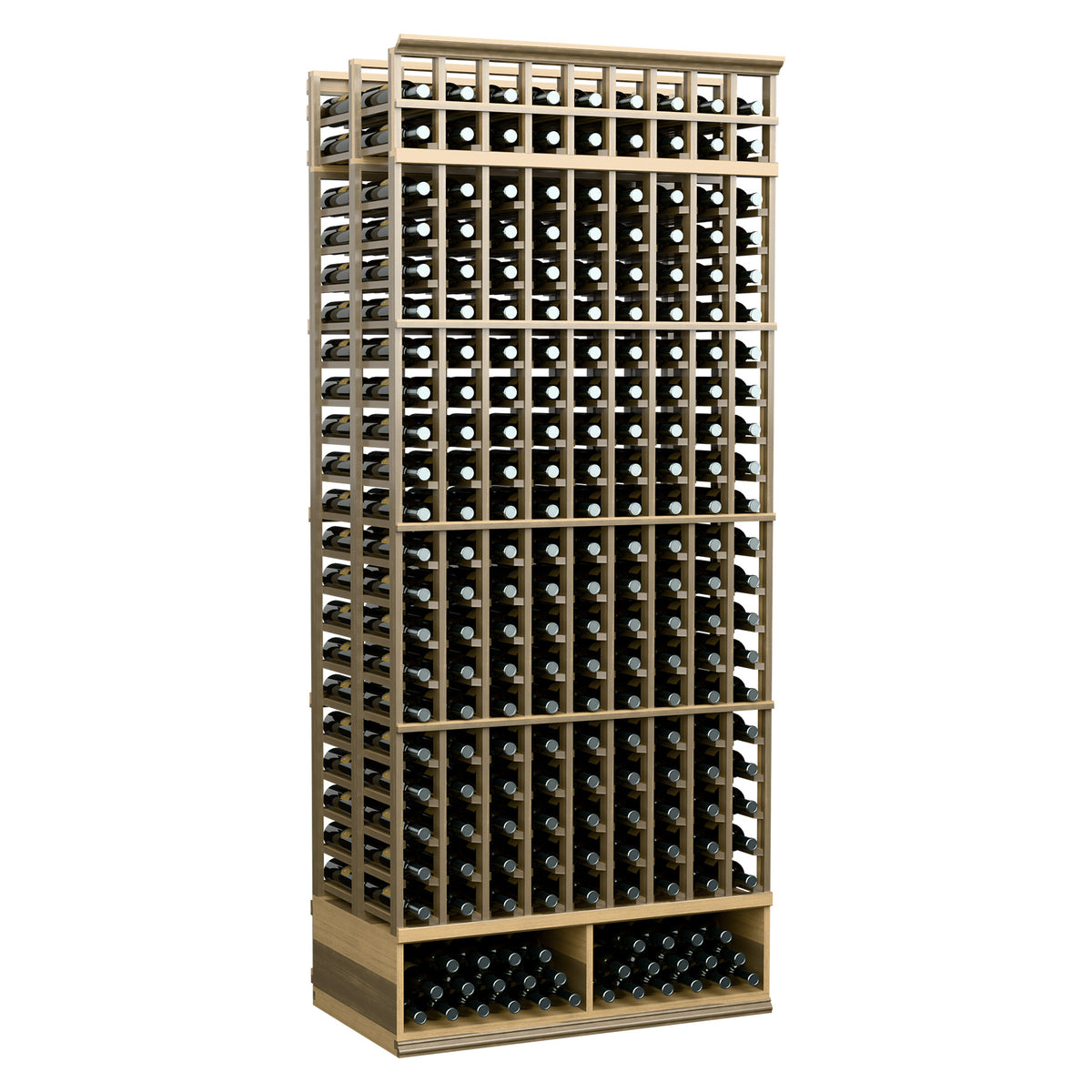 Light tan wine bottle rack with bottle grid shelves and double-deep slots