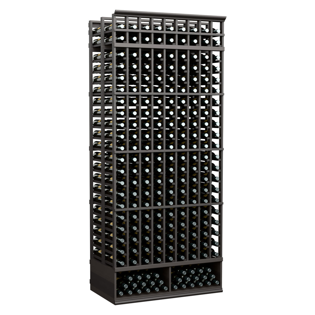 Charcoal stained wine bottle rack with double-deep bottle grid and front slots