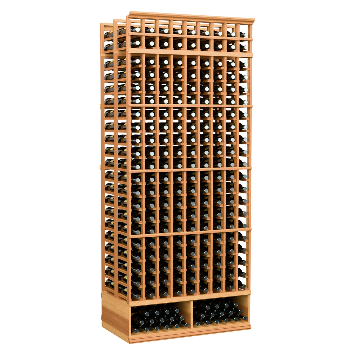 Warm red wood 9-column double-deep wine bottle rack with bottle-slot grid