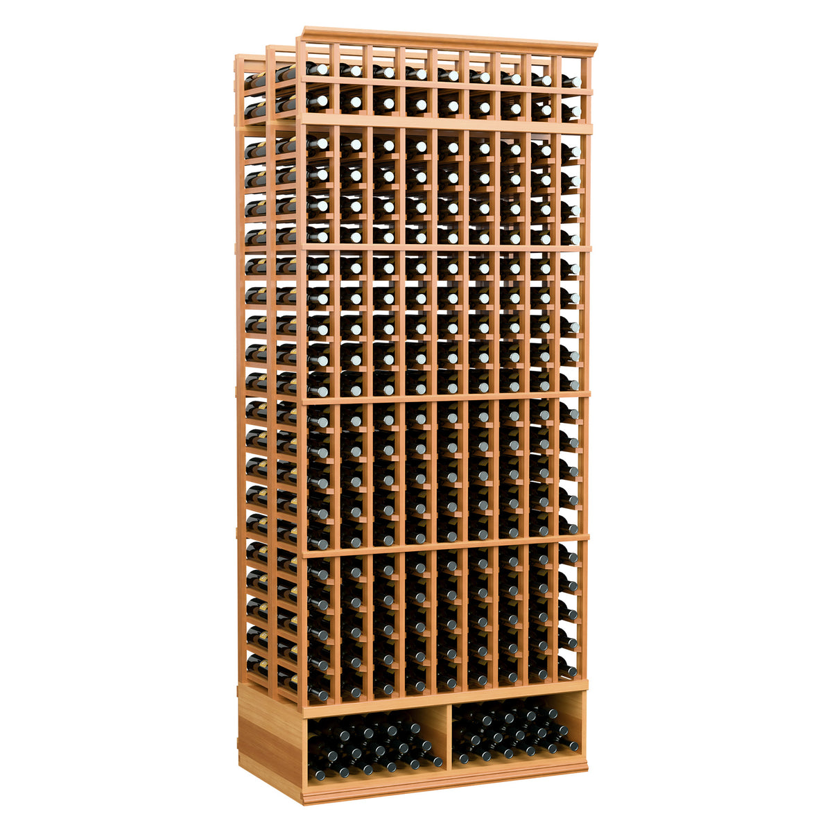 Warm red wood 9-column double-deep wine bottle rack with rows of bottle slots