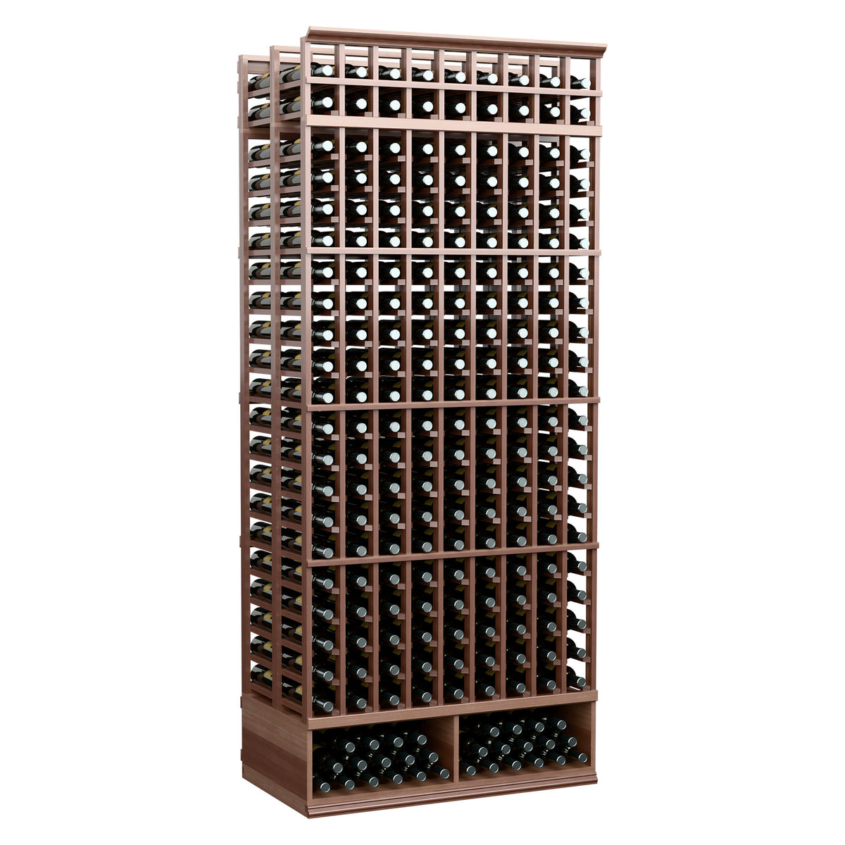 Dark brown 9-column double-deep wine bottle rack with dense bottle-slot grid