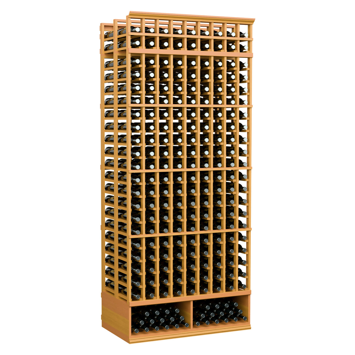Golden wood 9-column double-deep wine bottle rack with dense bottle-slot grid