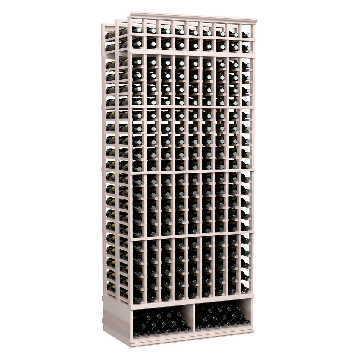 Gray-stained wood 9-column double-deep wine bottle rack with bottle-slot grid