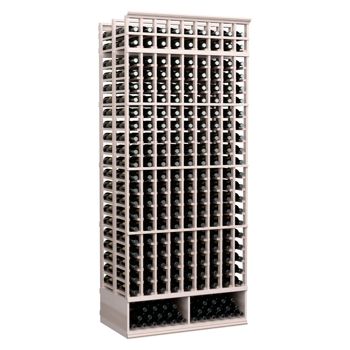 Gray-stained wood 9-column double-deep wine bottle rack with dense bottle-slot grid