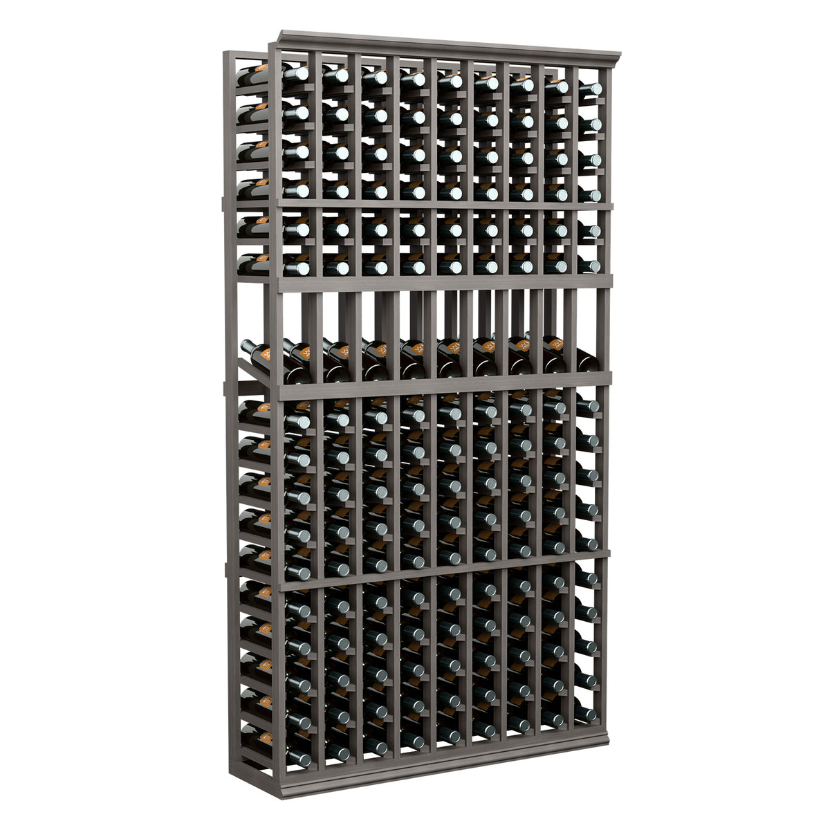 9-column wine display rack with dark gray frame and capped bottle rows