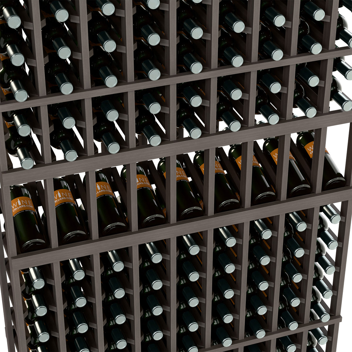 Close-up of bottles in a 9-column wine rack with dark frame and gray caps