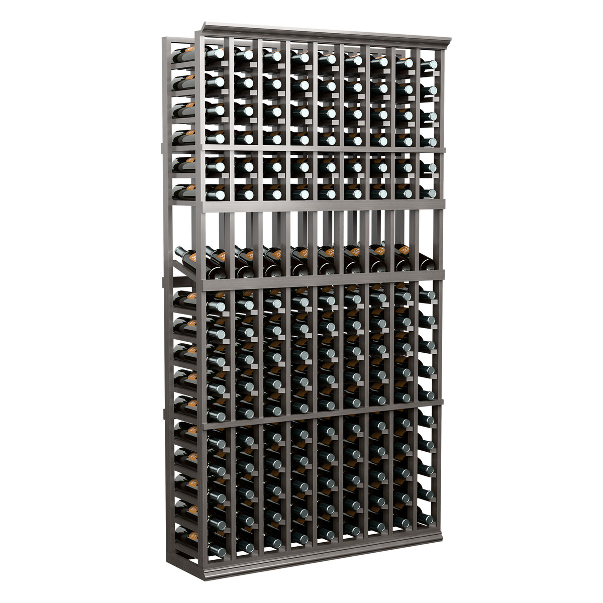 9-column wine display rack with dark gray frame holding multiple bottles