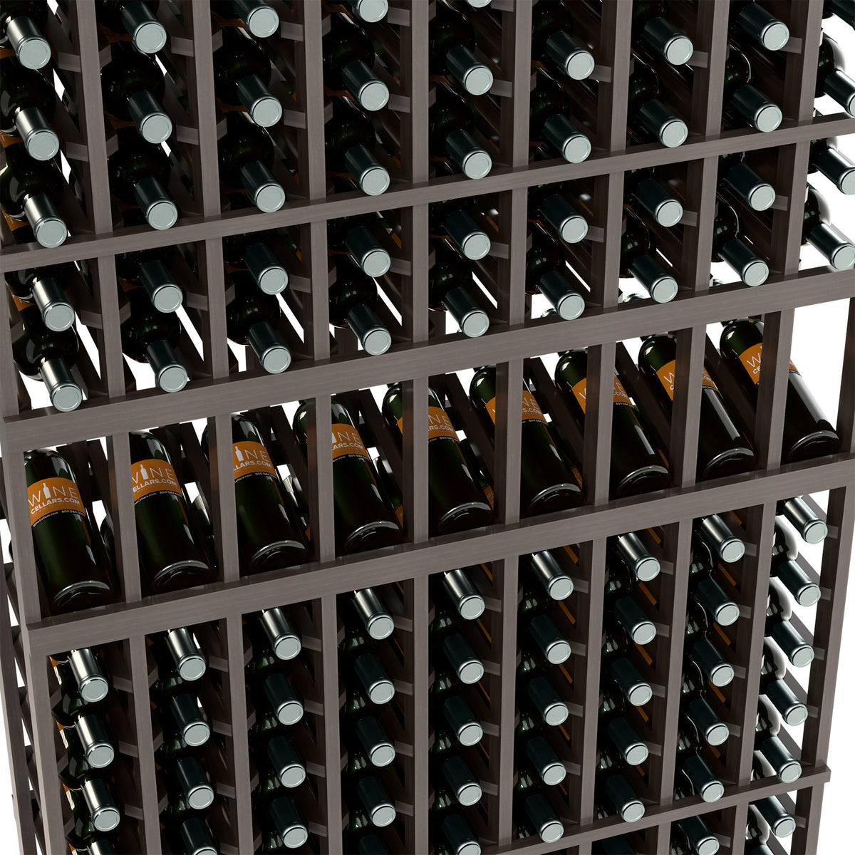 Close-up of bottles stored in dark wine rack with 9-column grid