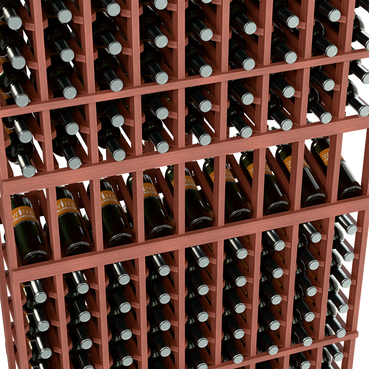 Close-up of bottles in a reddish 9-column wine rack with gray caps