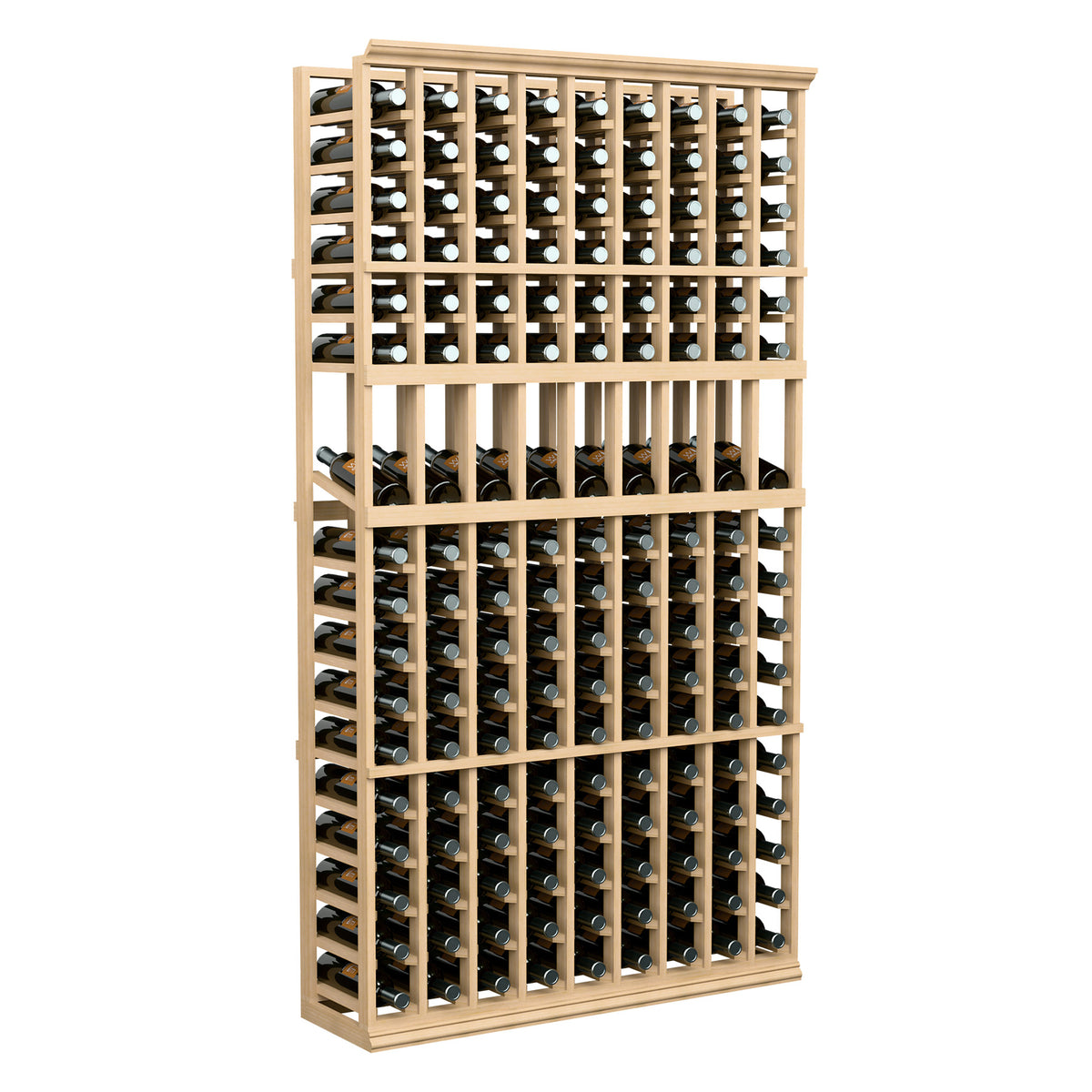 9-column wine display rack with light wood frame and front bottle storage rows