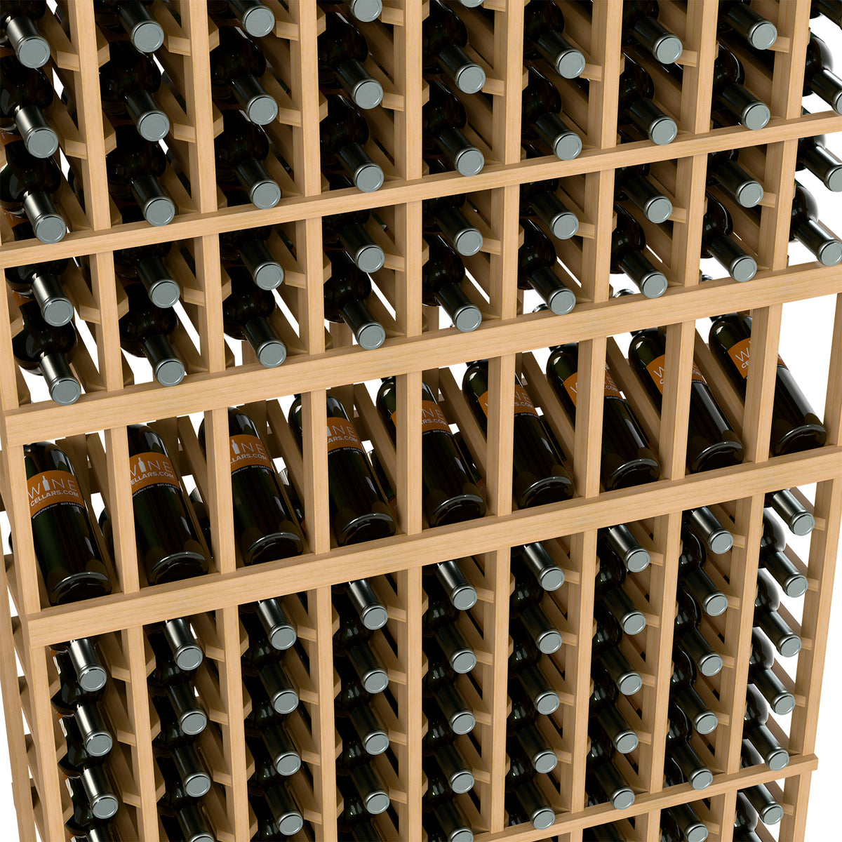 Light wood 9-column wine display rack with bottle rows and silver caps