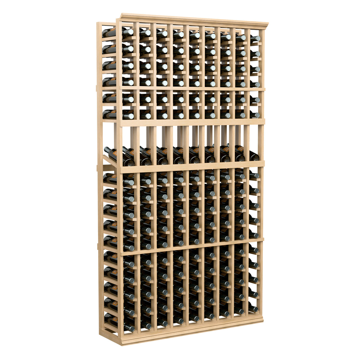 Light wood 6 ft wine display rack with 9 columns holding standing bottles