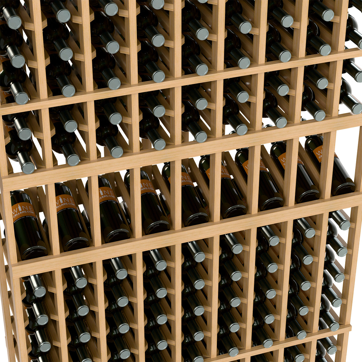 Close-up light wood 9-column wine rack with bottle necks and silver caps