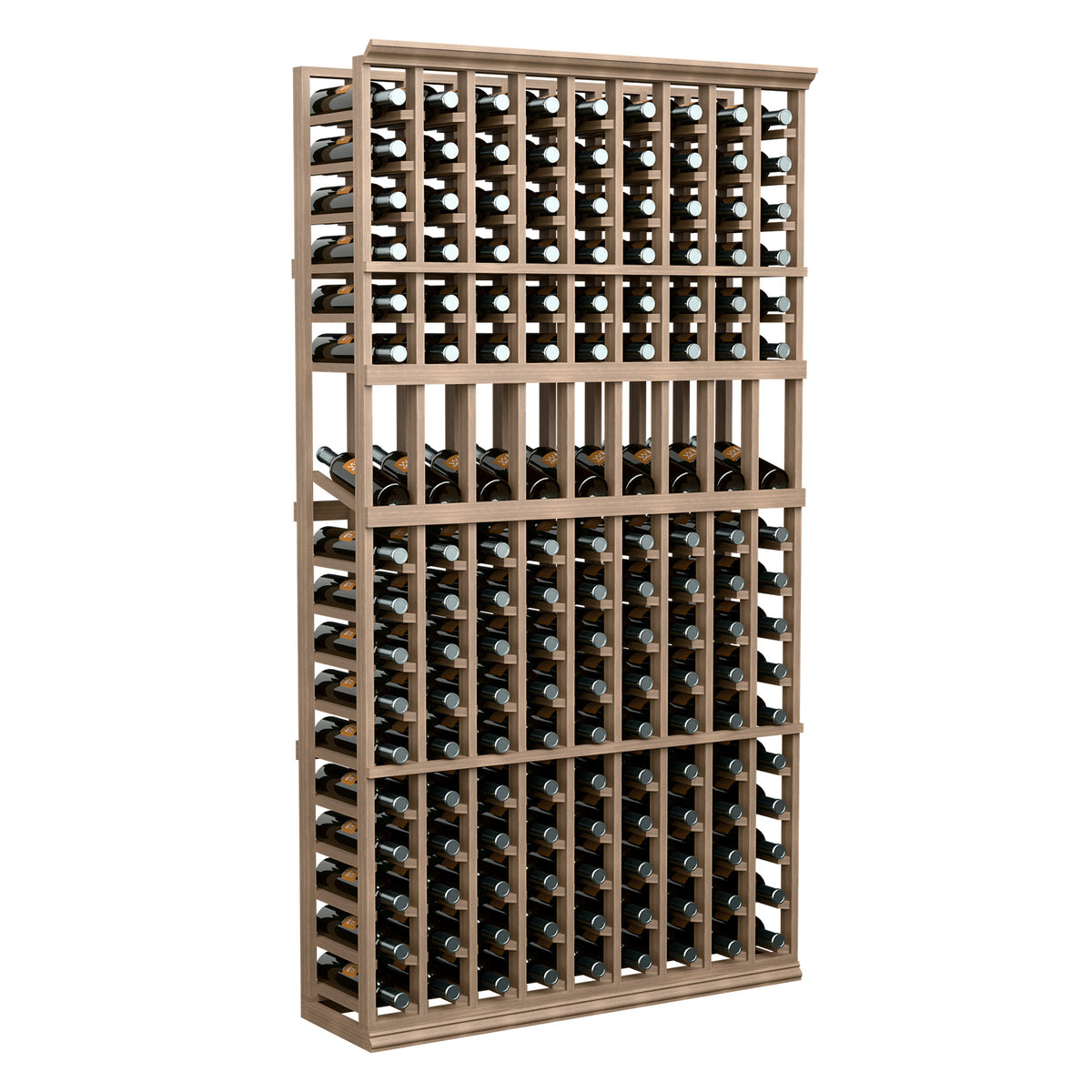 Full light wood 6 ft 9-column wine display rack with rows of standing bottles