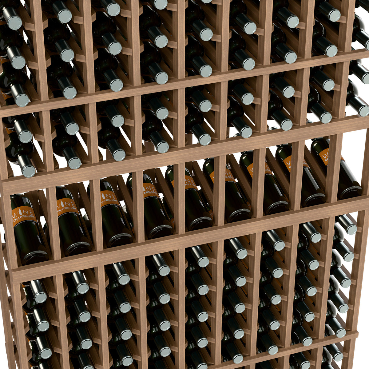 Close-up light wood 9-column wine rack with dark bottles and silver caps