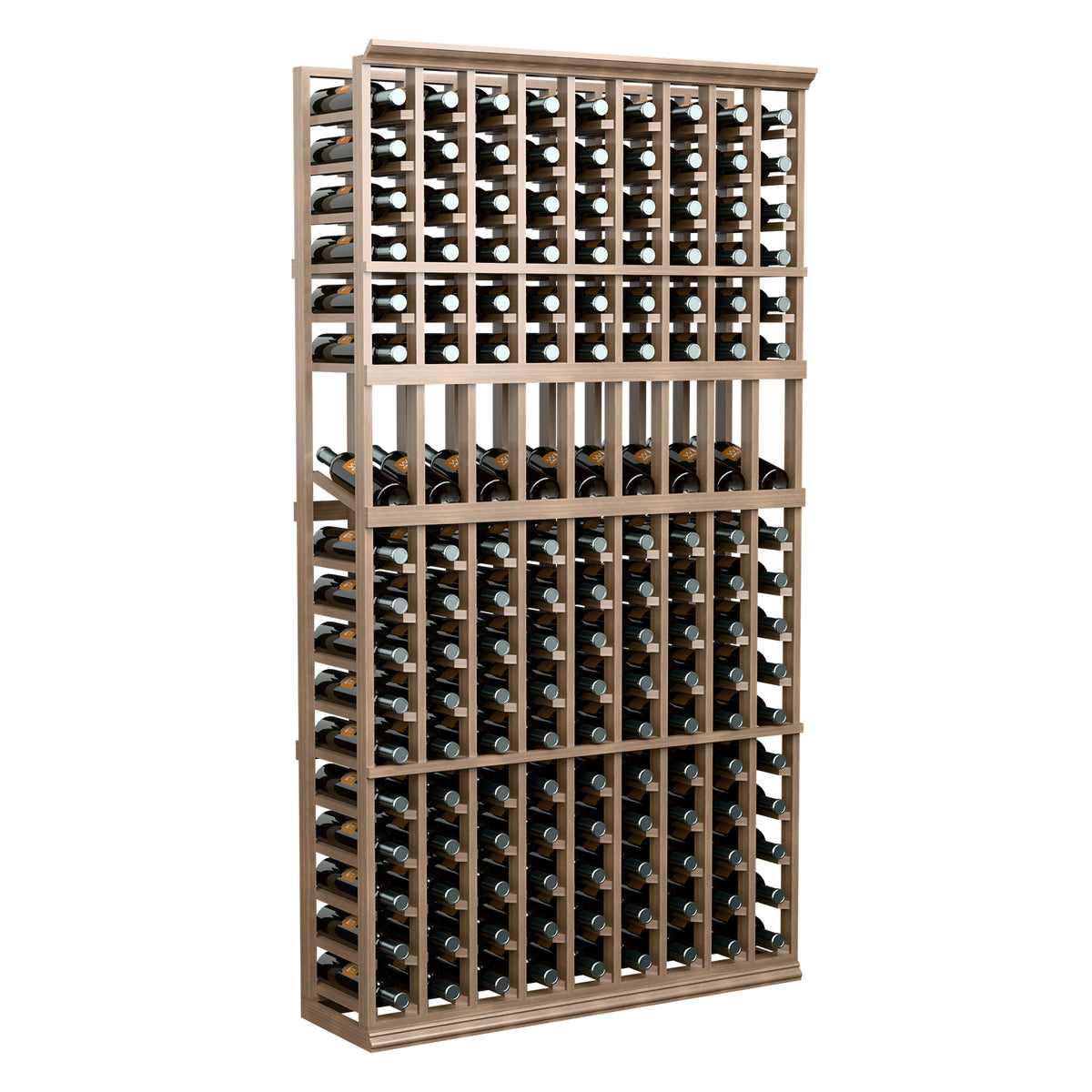 Full light wood 6 ft 9-column wine rack displaying rows of bottles