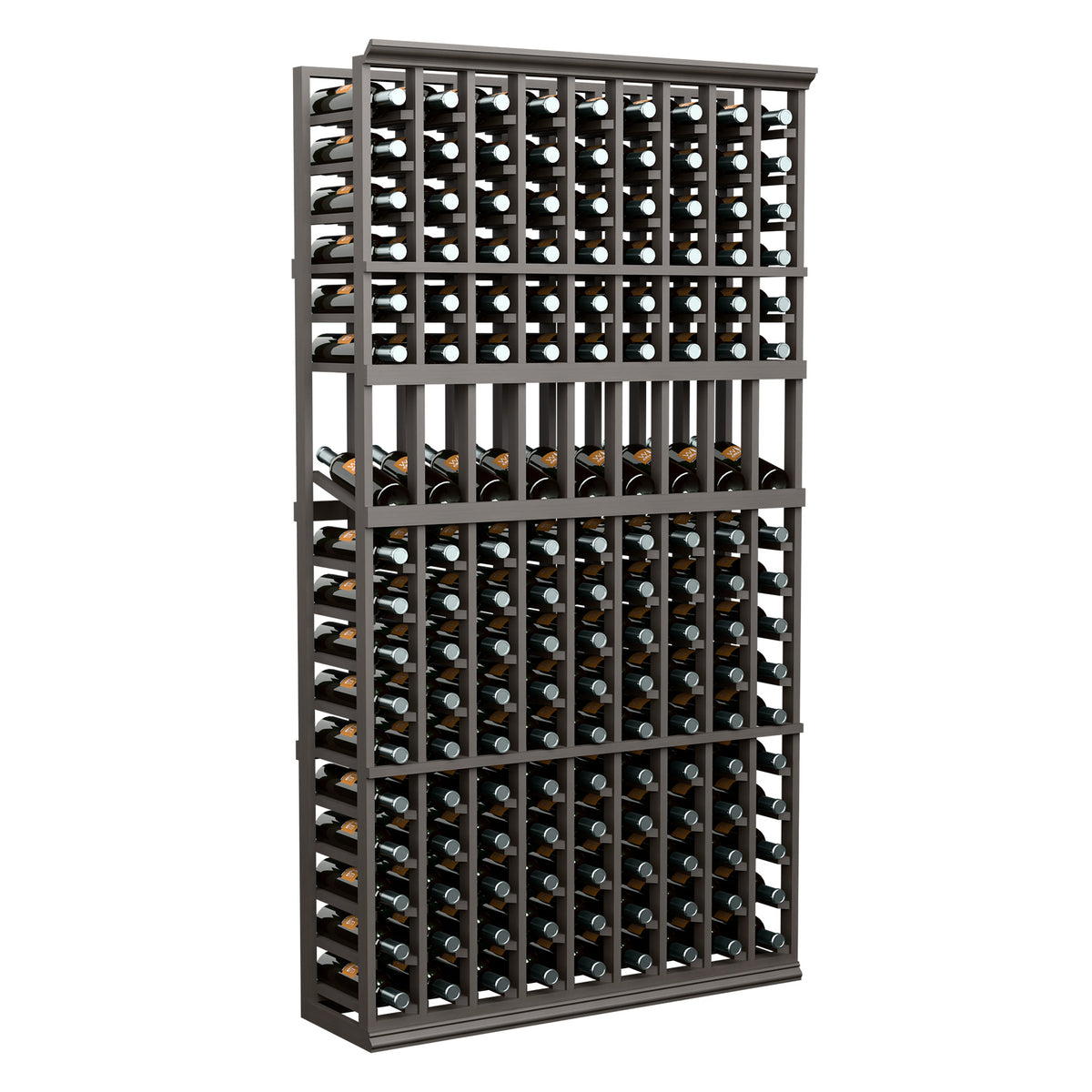Dark wood 6 ft 9-column wine display rack with standing bottle rows