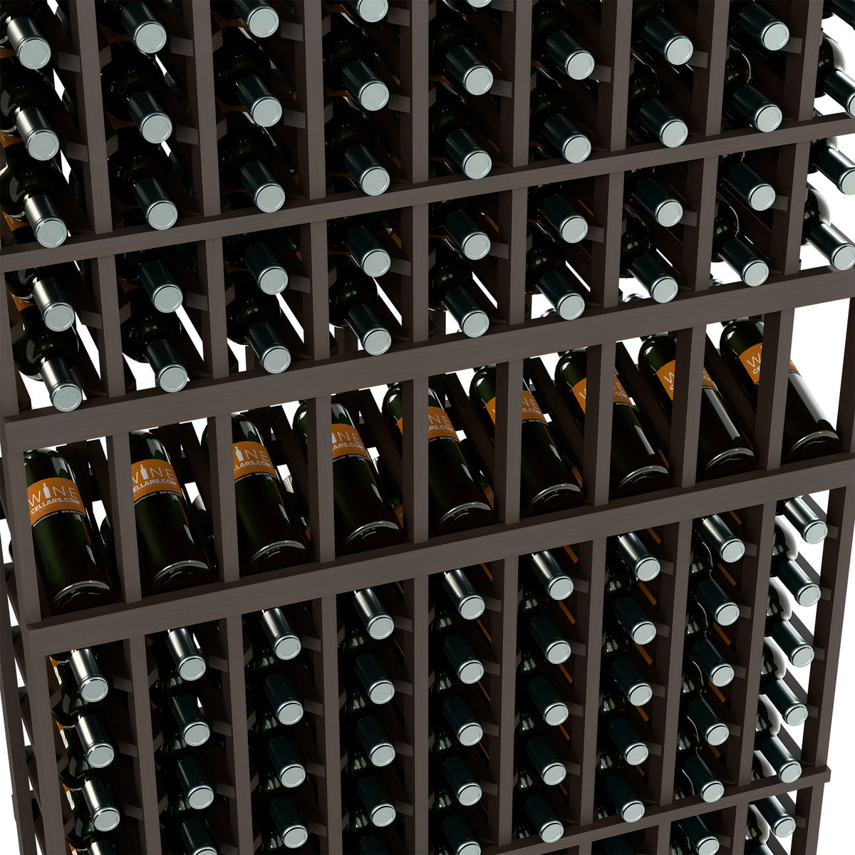 Close-up dark wood 9-column wine rack with bottle rows and silver caps