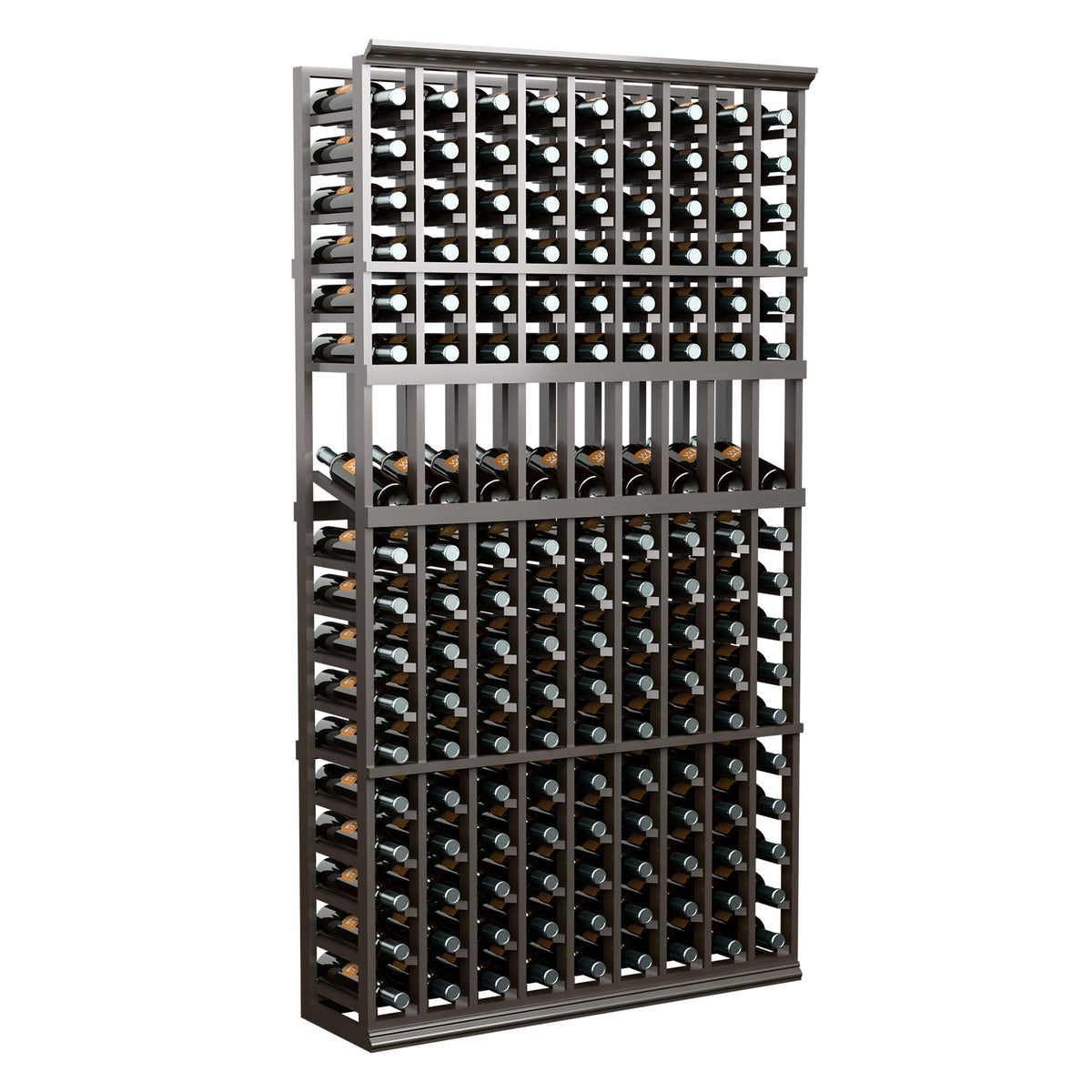 9-column wine display rack with dark gray frame and front-facing bottle slots