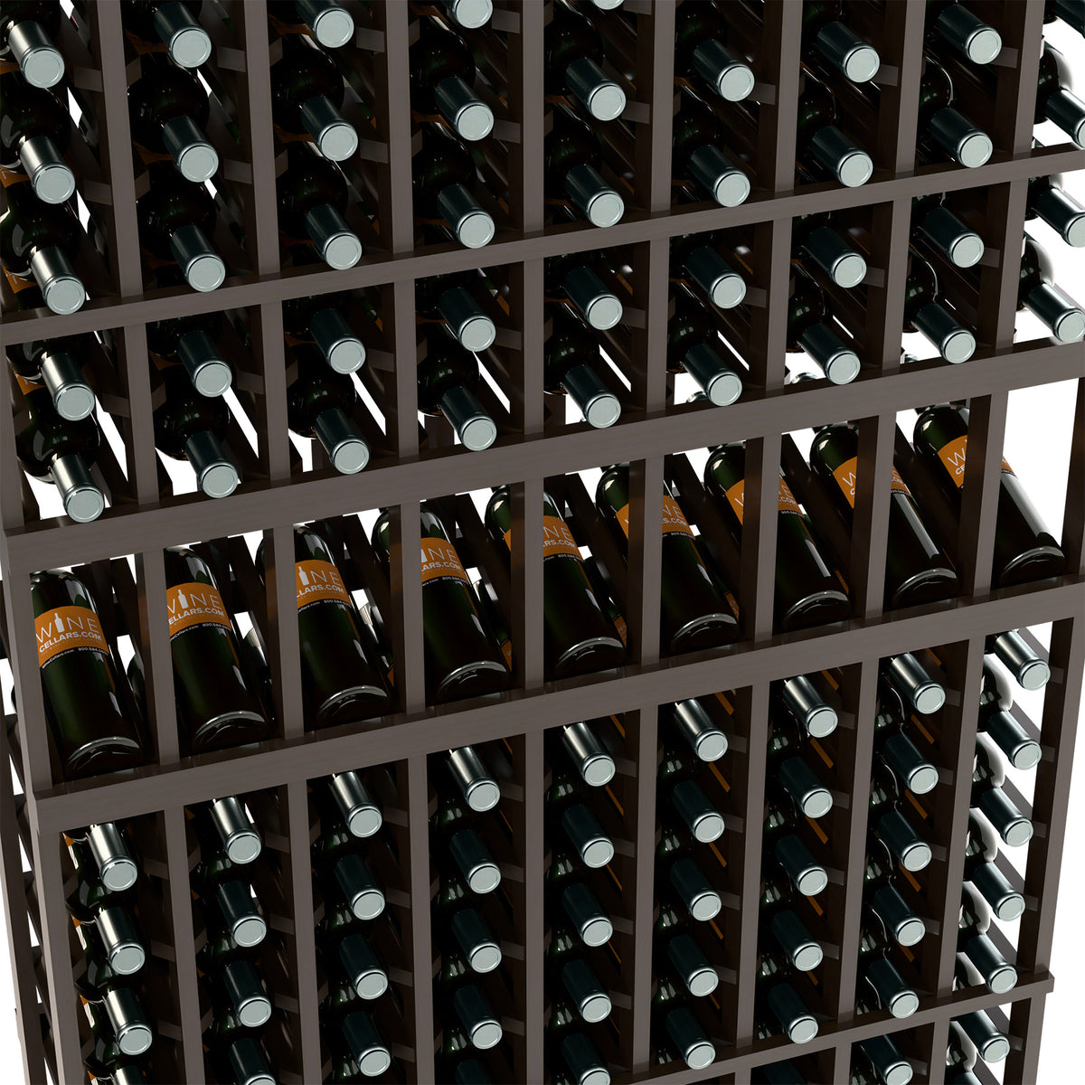 Close-up dark 9-column wine rack with bottles in cubby slots